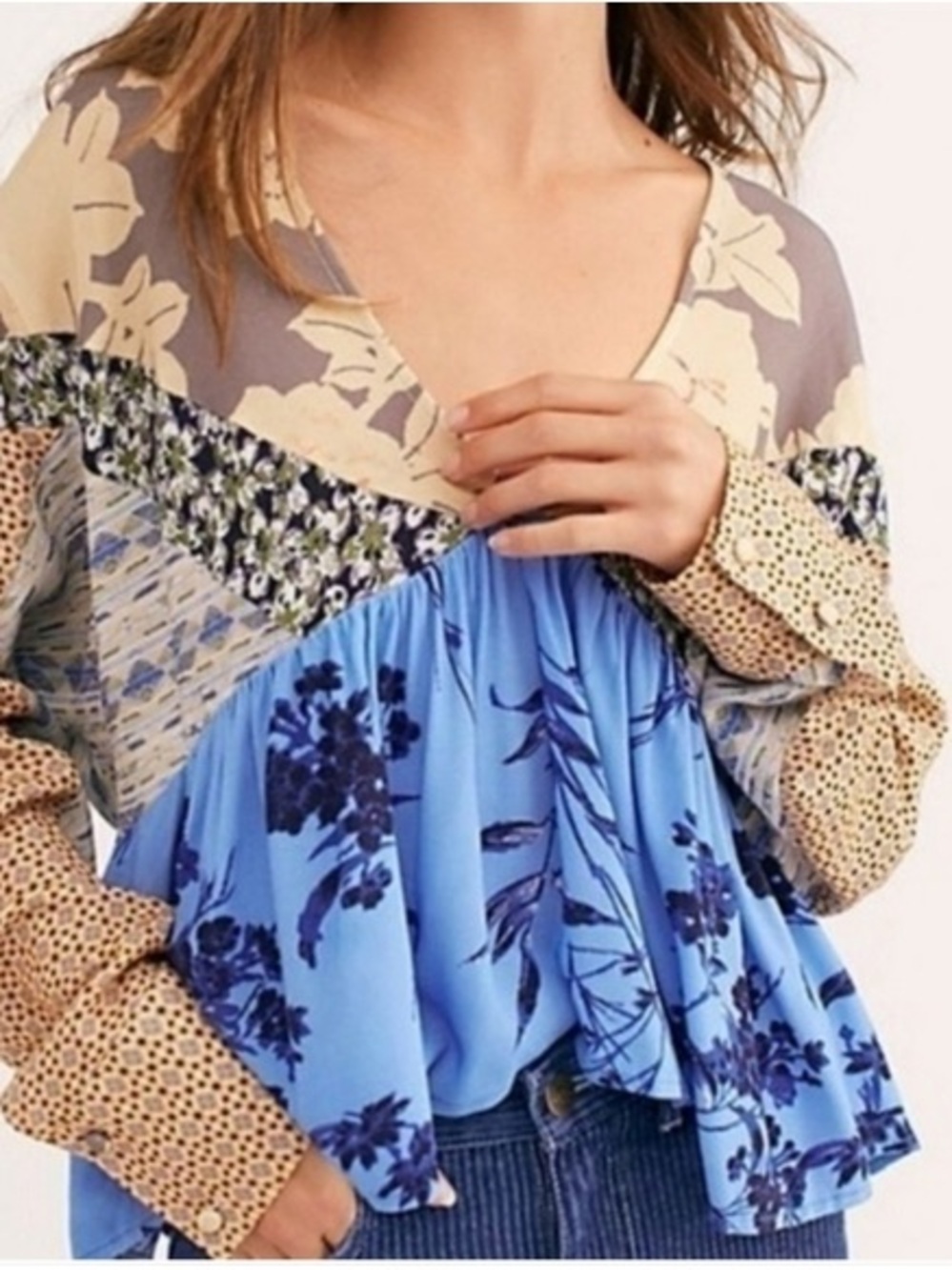 Free People Aloha State of Mind Floral V-Neck Crop Blous in Light Blue and Beige
